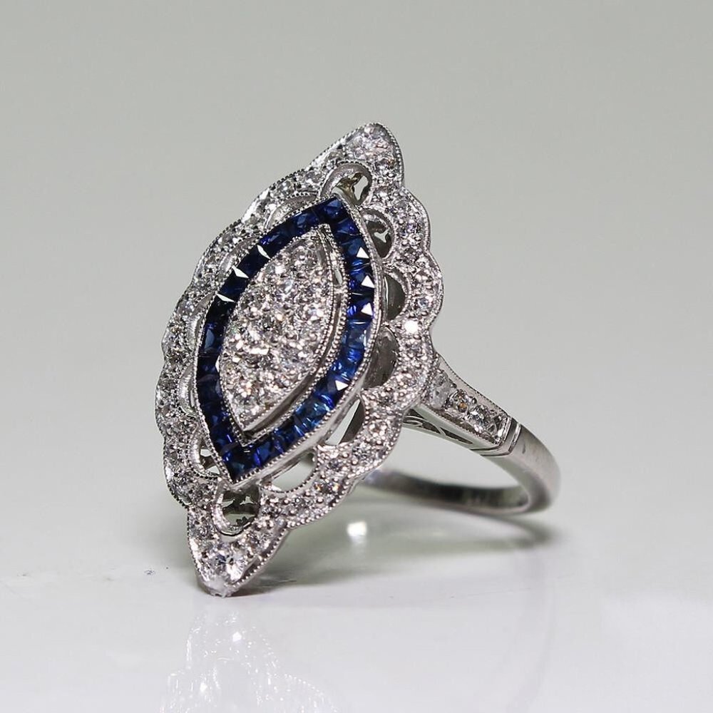 Antique Edwardian 925 Silver Cubic Zirconia Sapphire Ring - Picture 2 of 5